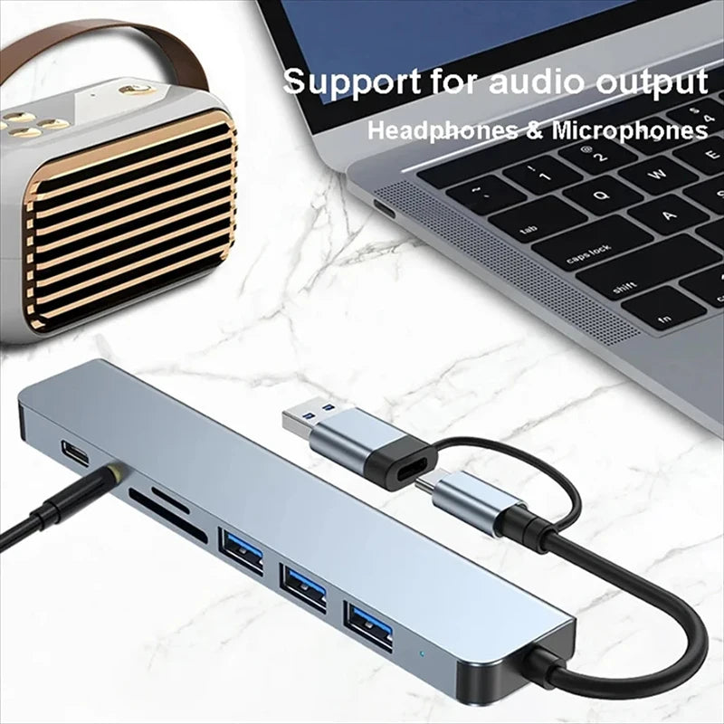 USB C Hub USB Splitter 8 in 2 USB Extender with 4 USB Port 1 USBC Port TF/SD Card Reader Audio Output Compatible with MacBook