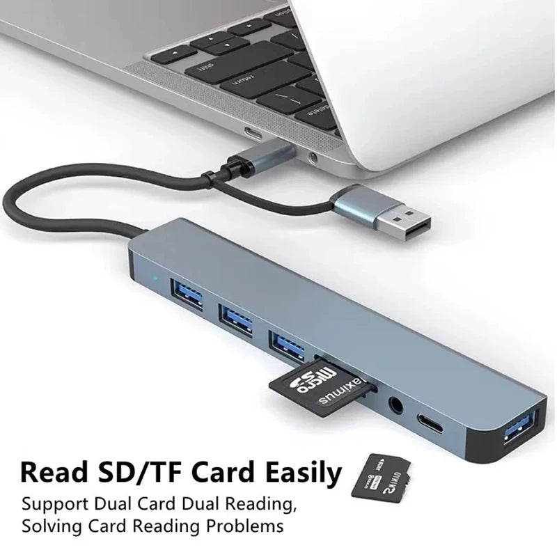 USB C Hub USB Splitter 8 in 2 USB Extender with 4 USB Port 1 USBC Port TF/SD Card Reader Audio Output Compatible with MacBook