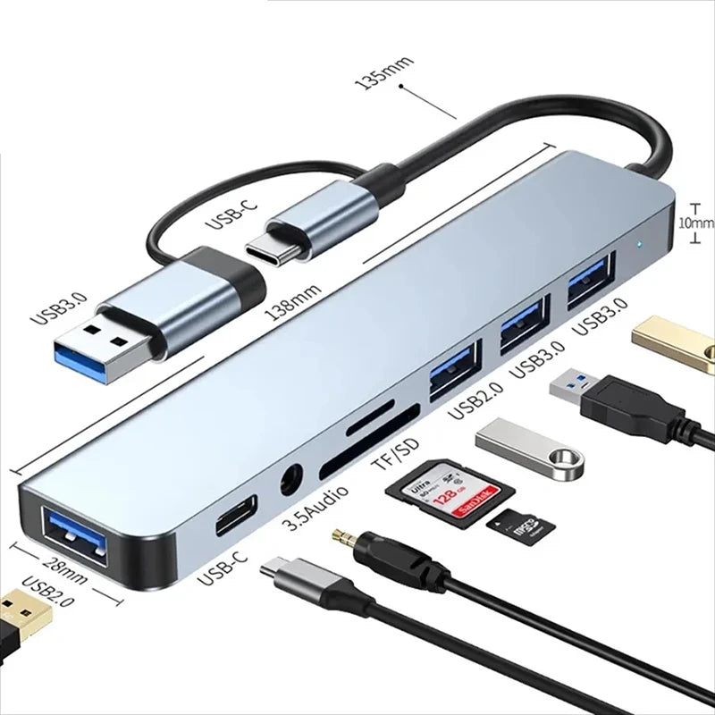موزع USB C، موزع USB، 8 في 2، موسع USB مع 4 منافذ USB، منفذ USBC واحد، قارئ بطاقة TF/SD، مخرج صوت متوافق مع MacBook