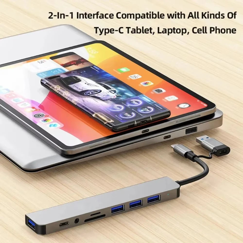 موزع USB C، موزع USB، 8 في 2، موسع USB مع 4 منافذ USB، منفذ USBC واحد، قارئ بطاقة TF/SD، مخرج صوت متوافق مع MacBook
