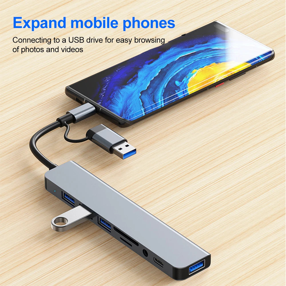 موزع USB C، موزع USB، 8 في 2، موسع USB مع 4 منافذ USB، منفذ USBC واحد، قارئ بطاقة TF/SD، مخرج صوت متوافق مع MacBook