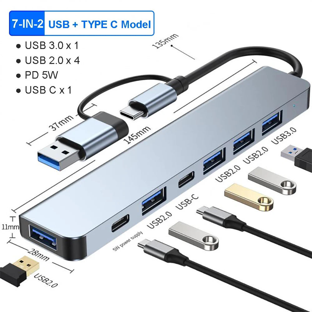 موزع USB C، موزع USB، 8 في 2، موسع USB مع 4 منافذ USB، منفذ USBC واحد، قارئ بطاقة TF/SD، مخرج صوت متوافق مع MacBook